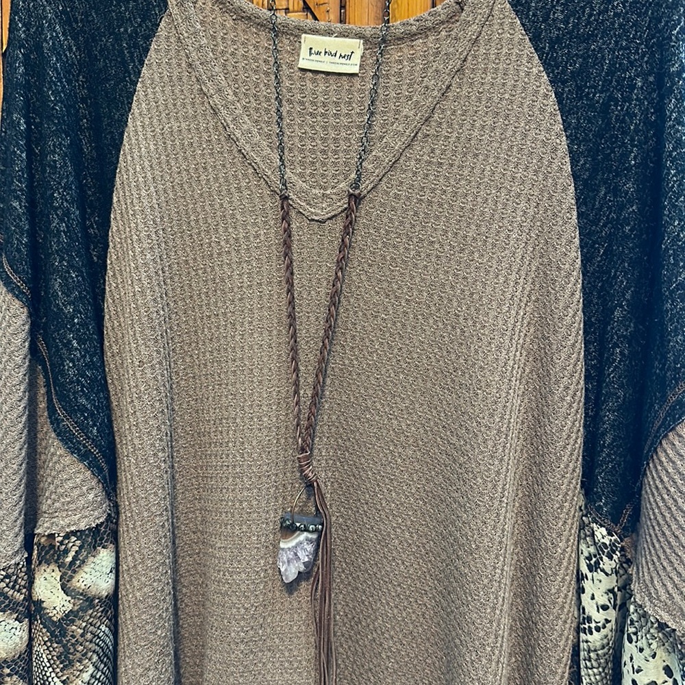Free People Vintage necklace with quartz leather fringe and braided leather
